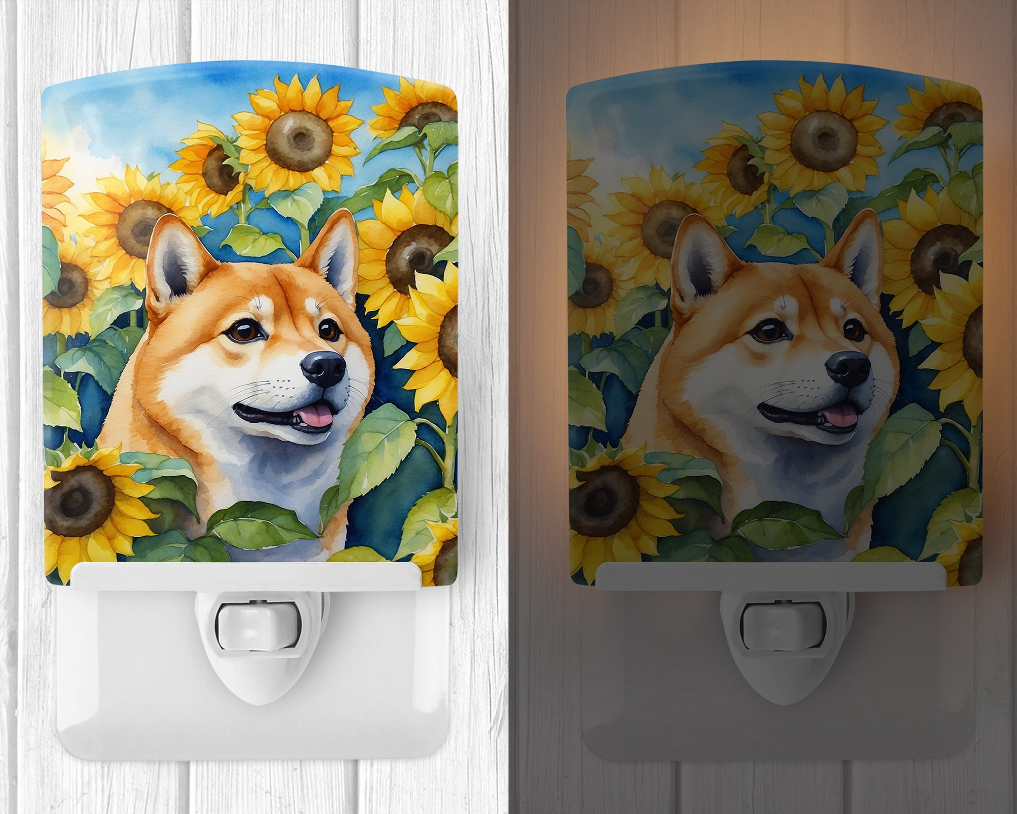 Shiba Inu in Sunflowers Ceramic Night Light 4 in x 6 in