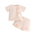thumbnail image 2 of Amidoa Girls Summer 2 Piece Outfits Solid Color Cute Short Sleeve and Casual Shorts Kids Clothing Set Beige Size 8-12 Months, 2 of 8
