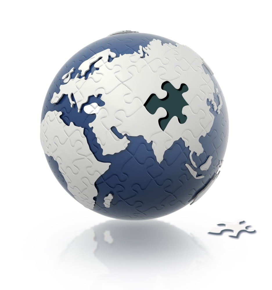 Earth globe with puzzle pattern and one piece on the floor Canvas Art - Leonello CalvettiStocktrek Images (28 x 30)