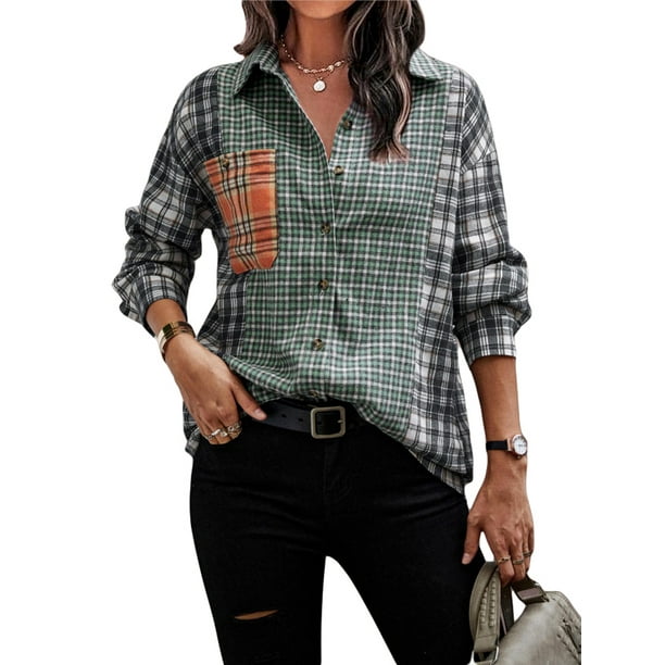 TRKIYQC Camisas de Solapa con Botones para Mujer, Blusa Casual de Manga Larga con Estampado de Cuadros en Color en Contraste TRKIYQC moda