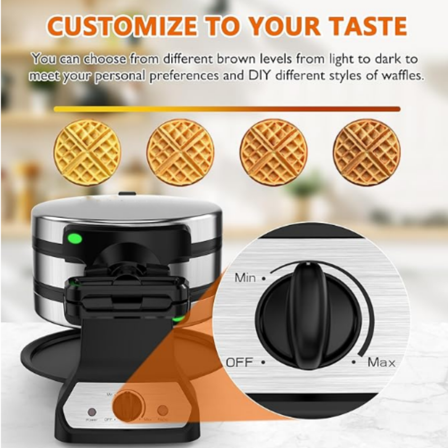 1400W Belgian Waffle Maker, Double Waffle Iron 180° Flip, Rotating Nonstick Plates, Adjustable Browning Control, Locking Buckle & Cool Touch Handle, Removable Drip Tray, Stainless Steel
