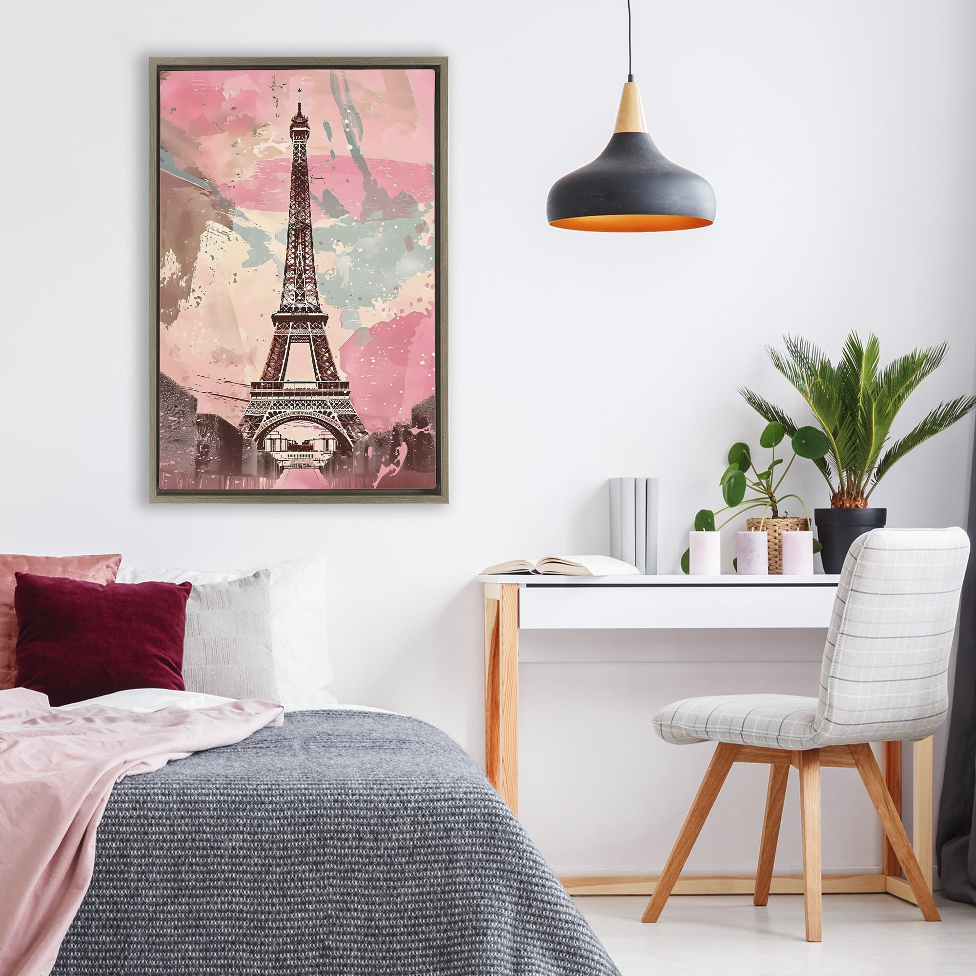 Stupell Industries Parisian Tower Pink & Blue Brown Framed Floater Canvas Wall Art, design by Creative Studio