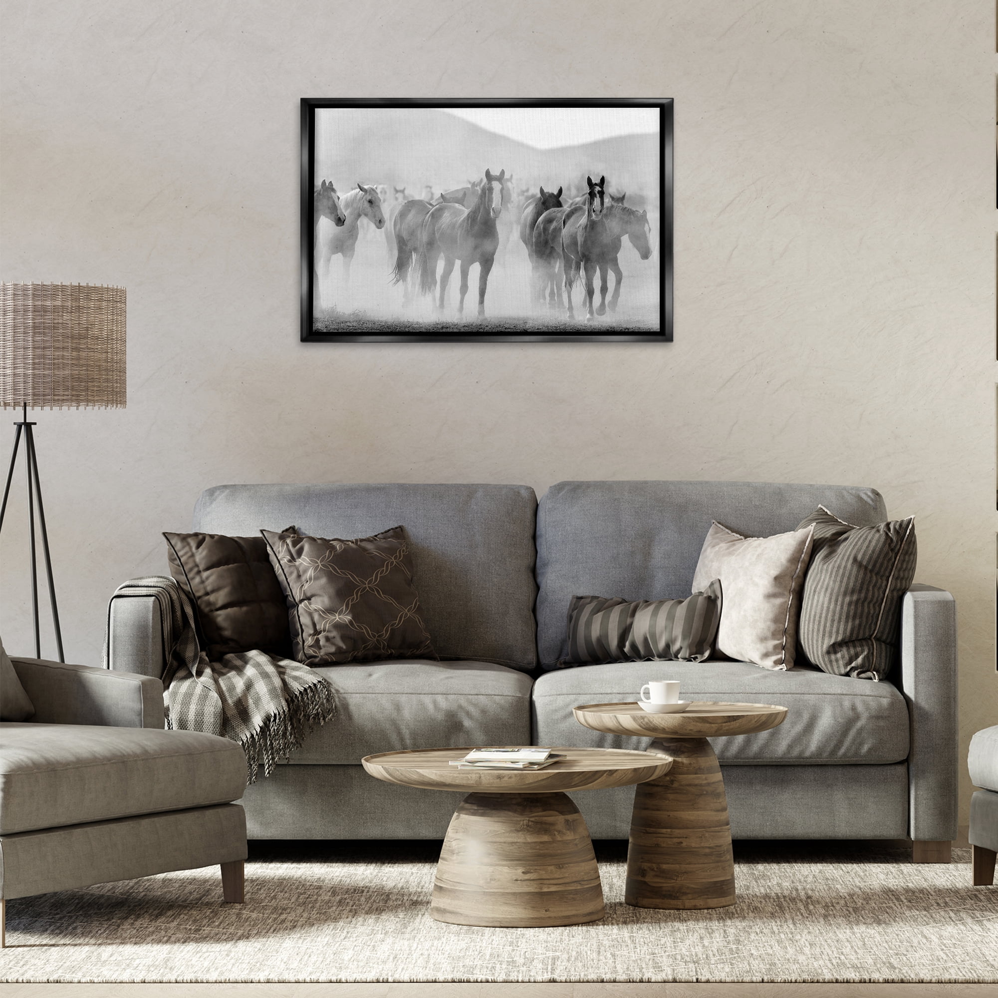 Stupell Industries Running Horse Herd Animals Painting Black Floater Framed Canvas Art Print Wall Art, 31 x 21