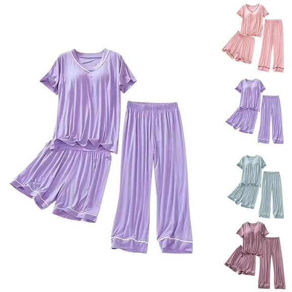 Helii Women 3 Pieces Pajamas Set Short Sleeve Tops with Long and Short Pants Soft Comfy Sleepwear for Women Lounge Set Light Violet M
