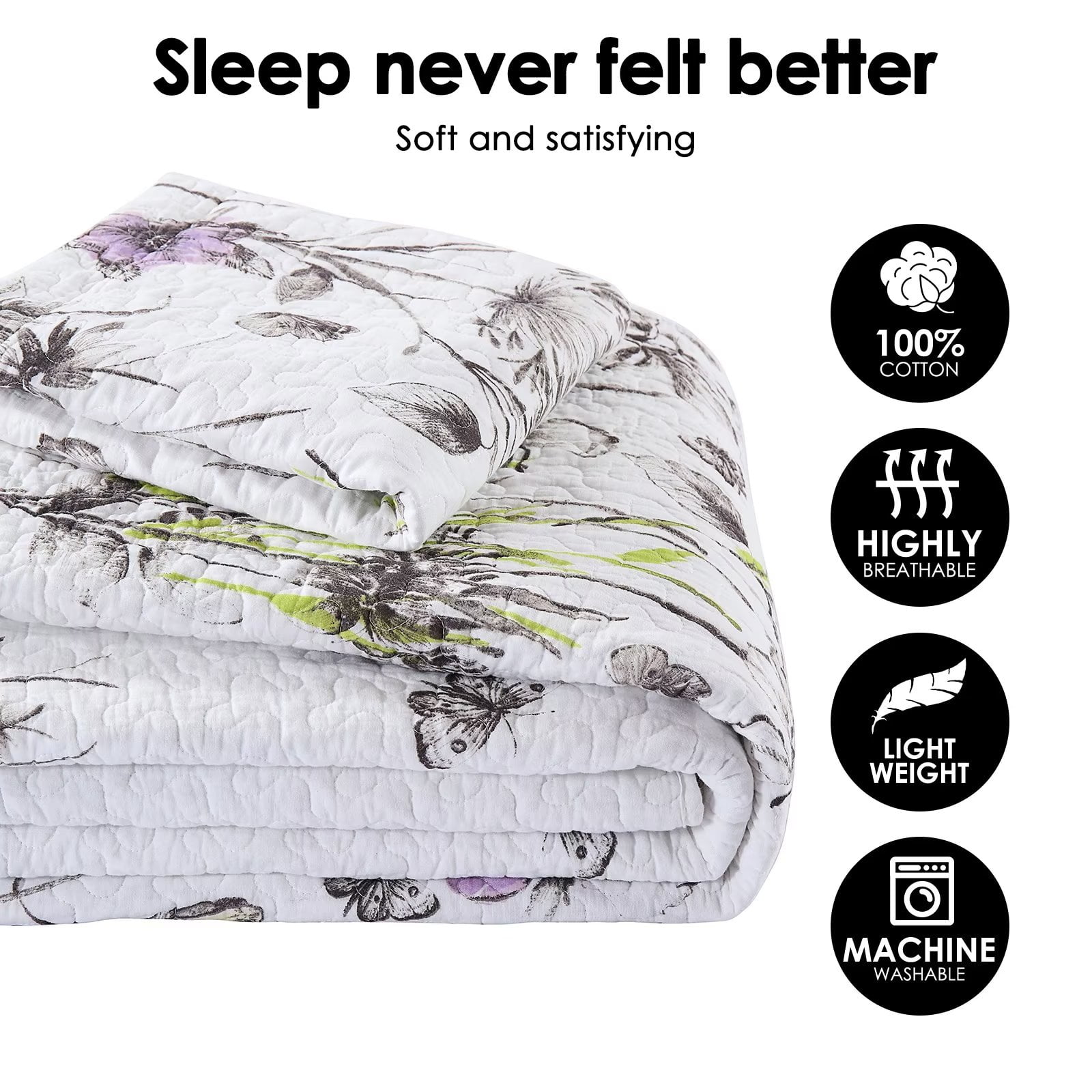 Bedduvit Floral Queen Size Quilt - 100% Cotton Purple White Flower Spring Summer Lightweight Queen Quilt Bedspread, Reversible Coverlet Bedding Set with 2 Pillow Shams, Elegant 3-Piece Quilt, 98x90