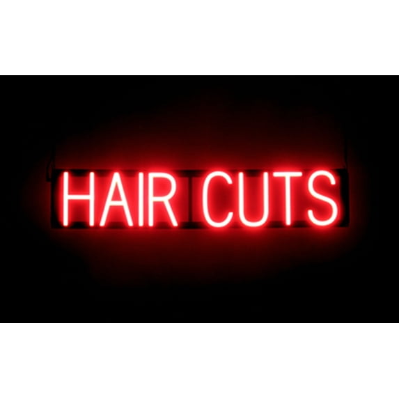 SpellBrite HAIR CUTS LED Sign for Business. 31.6" x 6.3" Red HAIR CUTS Sign Has Neon Sign Look With Energy Efficient LED Light Source. Visible from 500+ Feet, 8 Animation Settings.