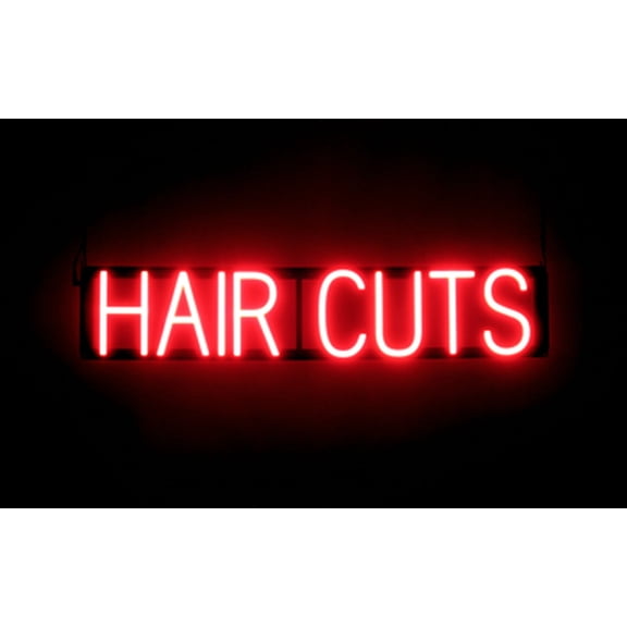 SpellBrite HAIR CUTS LED Sign for Business. 31.6" x 6.3" Red HAIR CUTS Sign Has Neon Sign Look With Energy Efficient LED Light Source. Visible from 500 Feet, 8 Animation Settings.