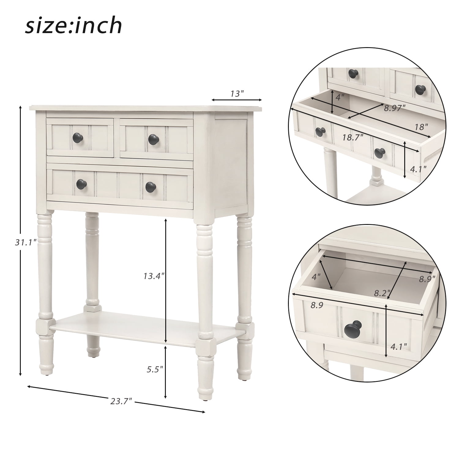 EUROCO 23" Narrow Console Table Sofa Table, Wood Table with 3 Storage Drawers and Bottom Shelf for Living Room, Easy Assembly, Ivory