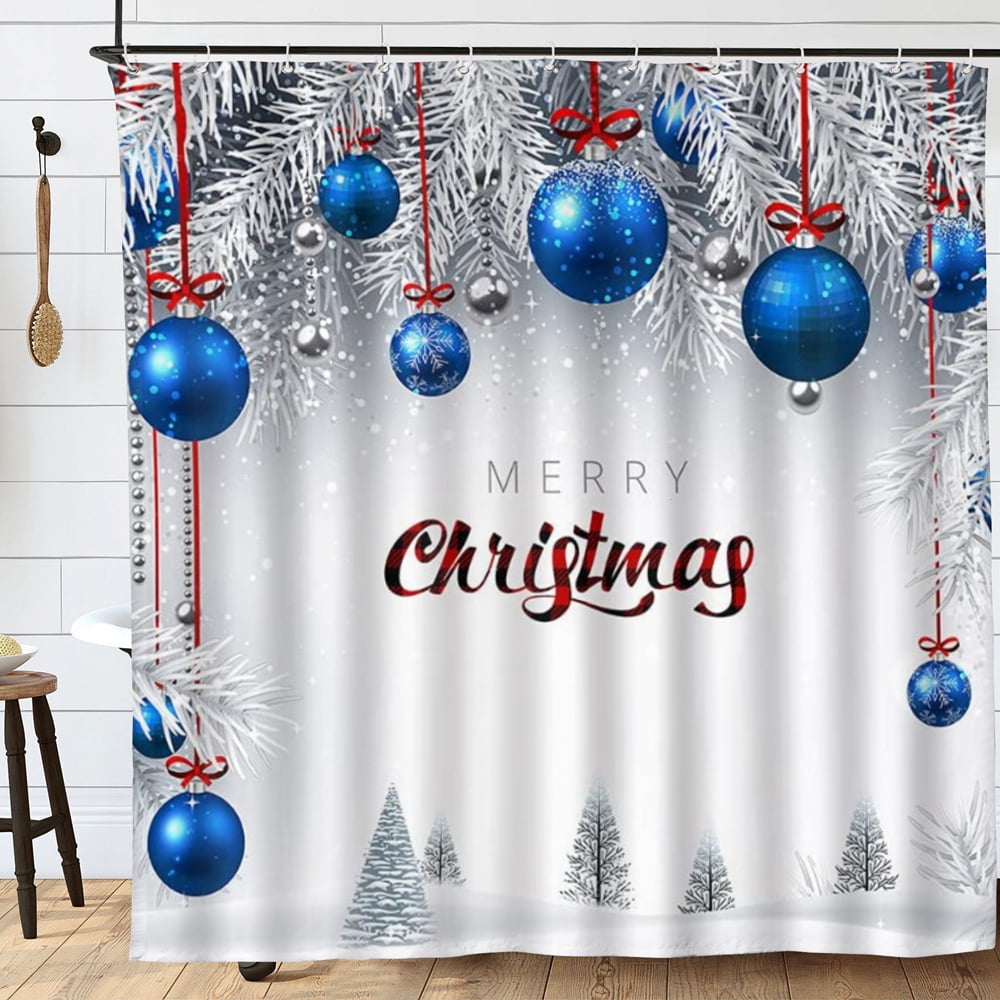 Christmas Shower Curtain For Bathroom, Blue And White Reindeer With 12  Snowflake Hooks Waterproof Shower Liner Decor