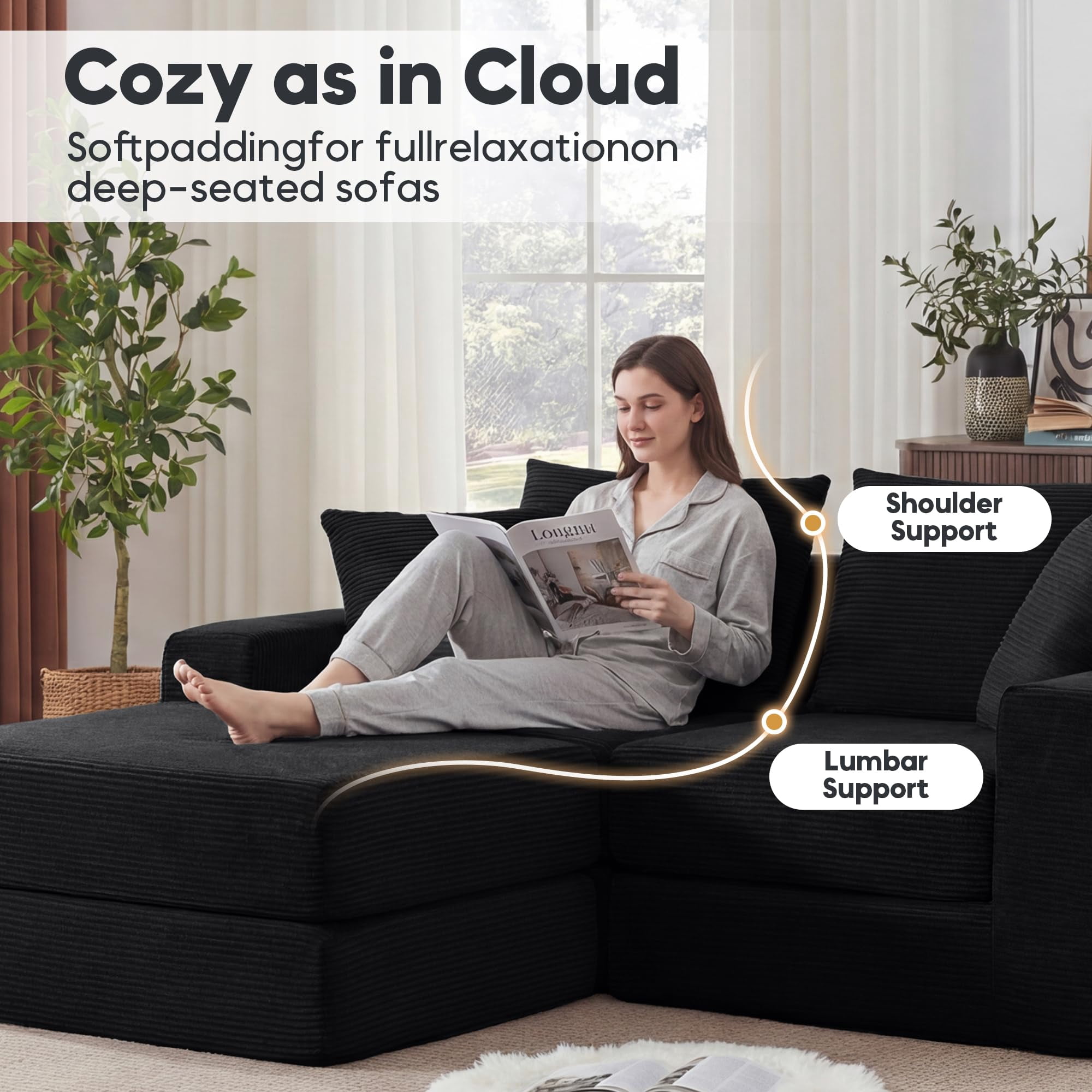 Tmsan 73.6" Modular Sectional Sofa,boneless loveseat couch with 4 Pillows,Classic L-Shape Design Convertable, for Living Room and Office,Black