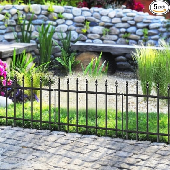 Decorative Metal Garden Fence 18 in H x 10 ft L, Small Border Roman Column Deco, Barrier Fencing for Yard Flower Bed Lawn Landscape Outdoor, 5 Panels   6 Stakes Black