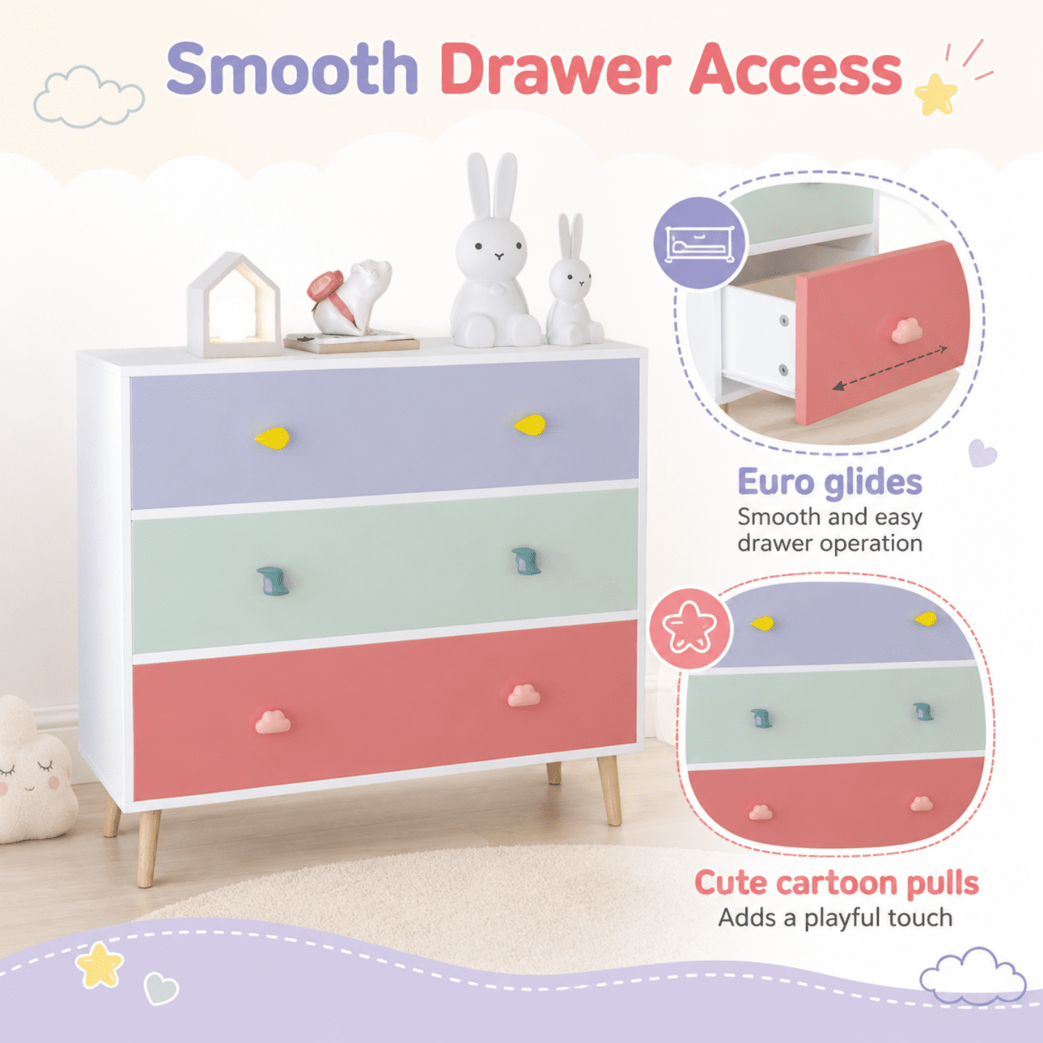 Miniyam Drawer Dresser with Glides & Safety Design for Kids, Colorful