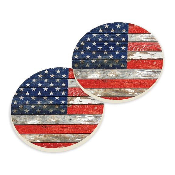 American Flag Distressed Wood Look 2.75 x 2.75 Absorbent Ceramic Car Coasters Pack of 2