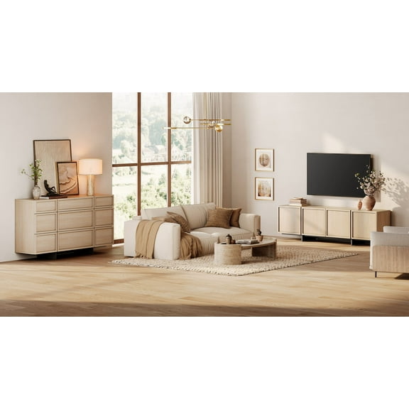 WAMPAT Modern TV Stand and 9-Compartment Storage Cabinet Set of 2, Entertainment Center with 4 Door Closed Storage and T-Shaped Wood Legs, Multifunctional Storage Cabinet for Living Room, Light Oak