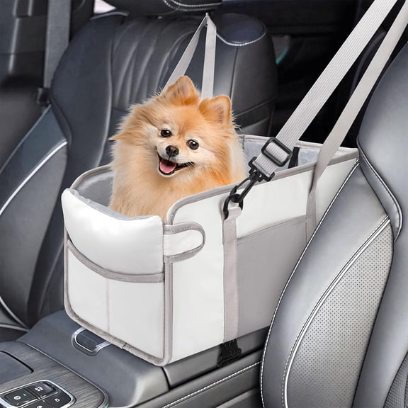 Portable Dog Car Seat for Small Dogs - Pet Booster Seat with Safety Leash, Adjustable Straps, Washable Cushion & Storage Pocket - Center Console Puppy Car Seat for Travel