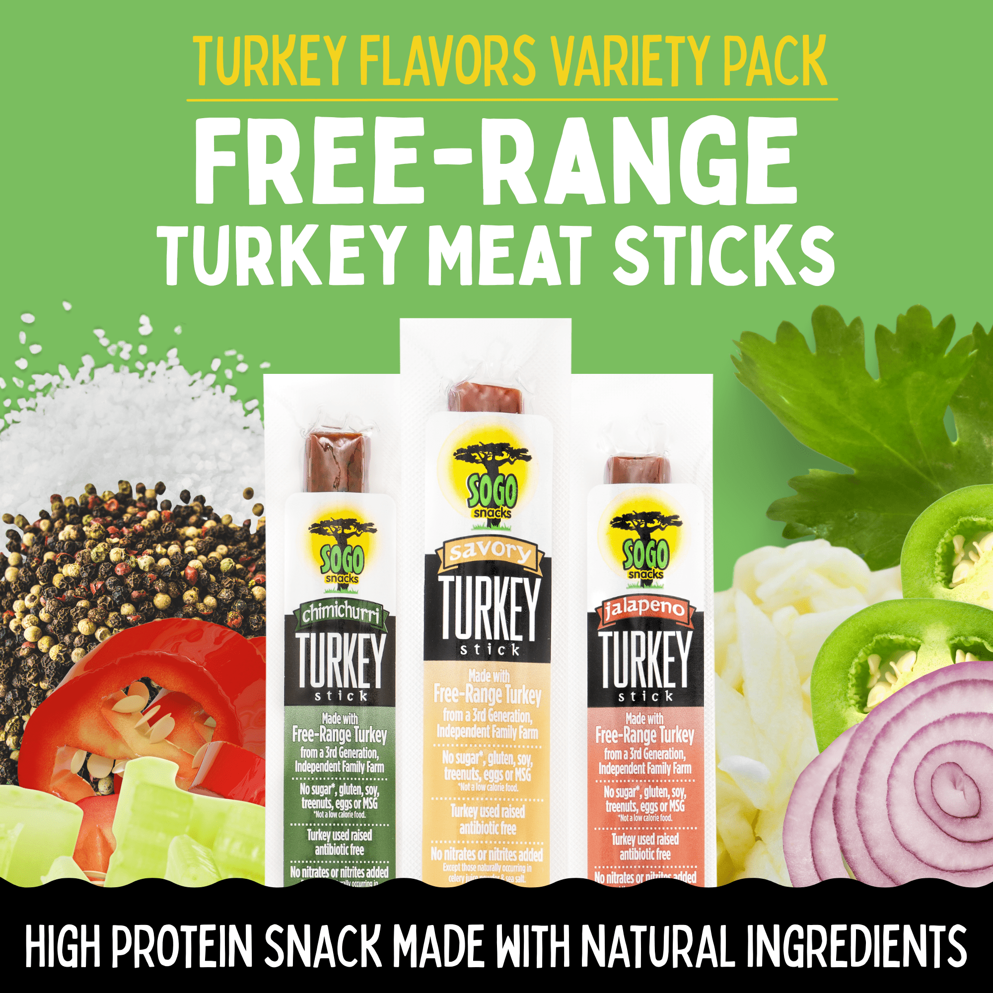 Sogo Snacks Turkey Jerky Sticks, Variety Pack, Ketogenic, Low Carb, No Sugar, 24 Count, 1 oz
