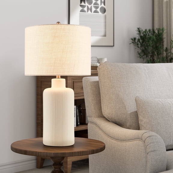 Kyrid 25.25'' Cream Ceramic Table Lamp for Living Room with Beige Linen Shade
