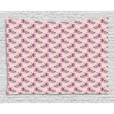 Butterfly Tapestry Wall Hanging - Spring Tapestry, Colorful Butterfly Petals Bouquet Vivid Inspirational Hand Drawn Print, Wall Hanging for Bedroom Living Room Dorm Decor, 60W X 40L Inches, Light Pink Purple Salmon, by Ambesonne