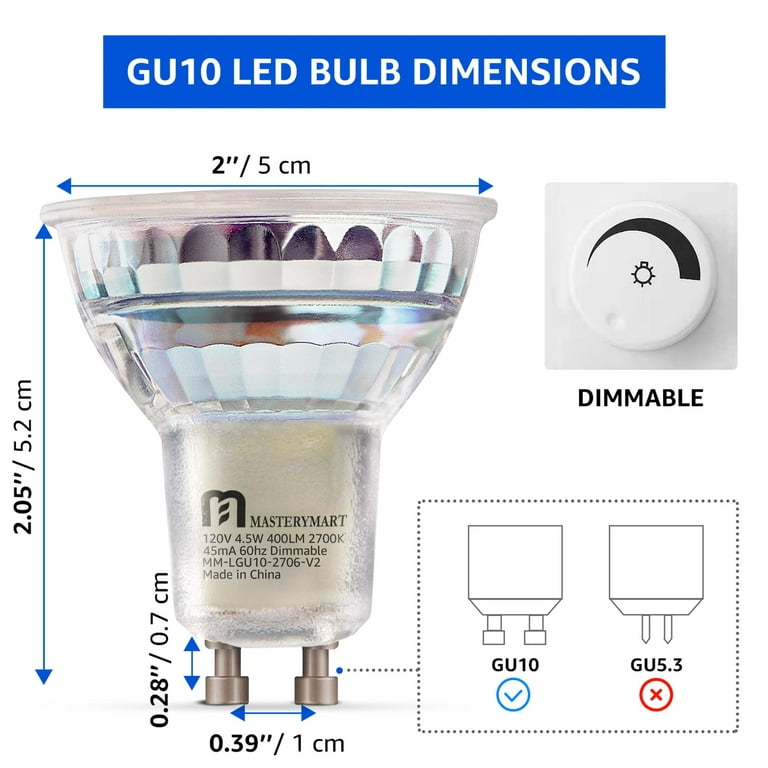 MASTERY MART GU10 LED Light Bulbs, Dimmable 5000K Daylight White 5.5W (50  Watt Equivalent), Full Glass Cover Reflector, 25000 Hours, UL Listed,  Energy