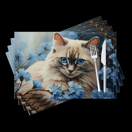 

BaHomeck placemats Set of 4 Beautiful Portrait Of Adorable Long-Haired Ragdoll Cat Cotton Linen rectangle Placemats for Kitchen Dining Table Indoor Outdoor 18*12inch