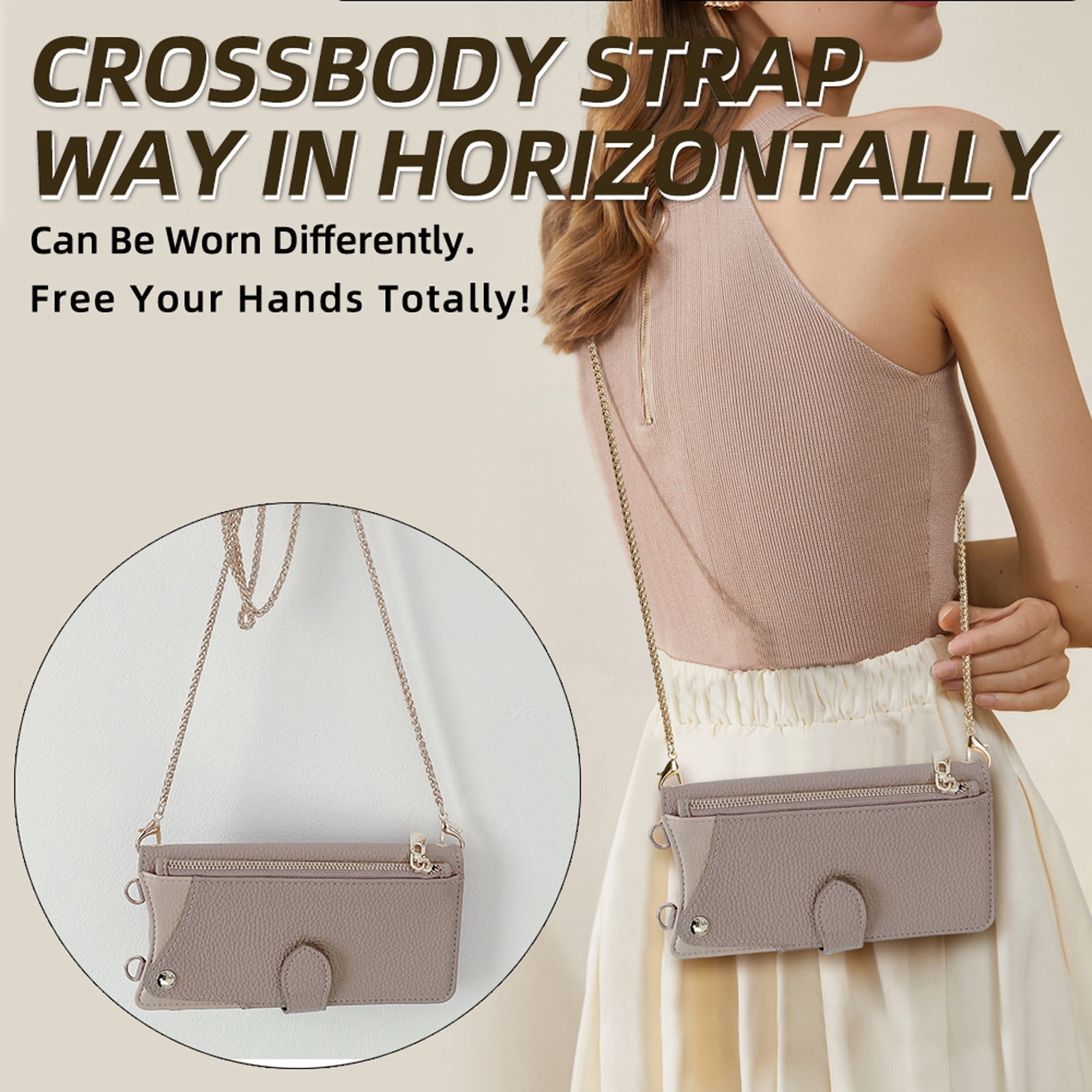 Women Girls Crossbody Strap Flip Wallet Zipper Phone Case Cover for iPhone 17 Pro Max, with Card Holder Kickstand Soft PU Leather Shoulder Chain Make-up Mirror for iPhone 17 Pro Max, Gray
