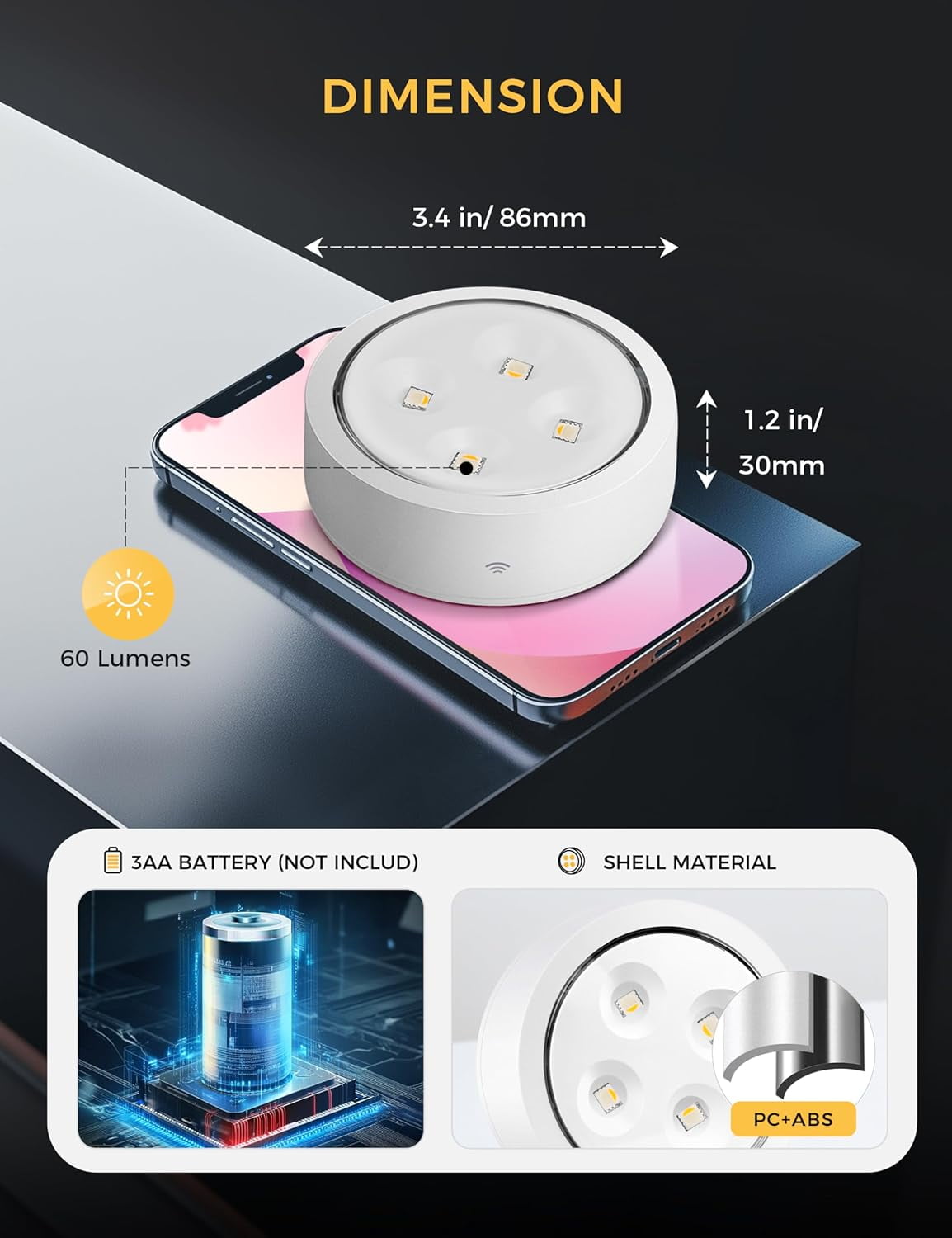 RGHJAR-Puck Lights with Remote Under Cabinet Lighting Battery Operated Push Lights Mini Led Lights Above Cabinet Lighting 2 Pack White