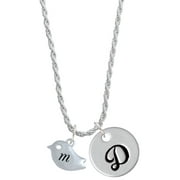 Delight Jewelry Silvertone Little Bird Initial - M - Silvertone Script Initial Disc - D - Charm Necklace, 20"+3"