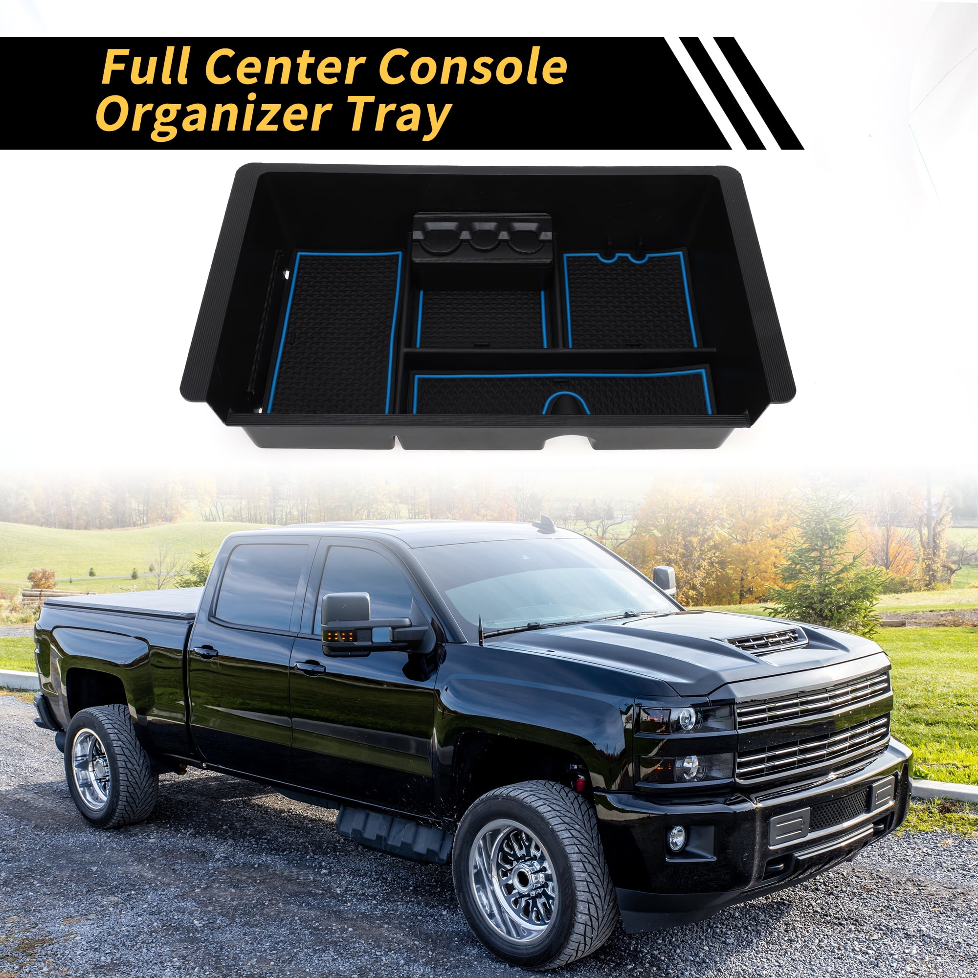Unique Bargains Full Center Console Organizer Tray for Chevy Silverado 1500 for GMC Sierra 1500 2014-2018 Armrest Storage Box Insert Tray Full Console w/Bucket Seats ONLY Plastic Black Blue