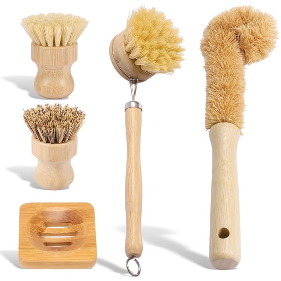 5 Piece Bamboo Dish Brush Set for Kitchen, Natural Scrub Brushes for Pots, Pans, and Cast Iron Cleaning, Kitchen Clean Dish Scrubber Ergonomic Wooden Handle Kitchen Sink Scrubber