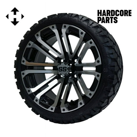Hardcore Parts 14" Machined/Black 'LANCER' Golf Cart Wheels and 20"x8.5"-14 STINGER On-Road/Off-Road DOT rated All-Terrain tires - Set of 4, includes Chrome 'SS' center caps and 1/2x20 Chrome lug nuts