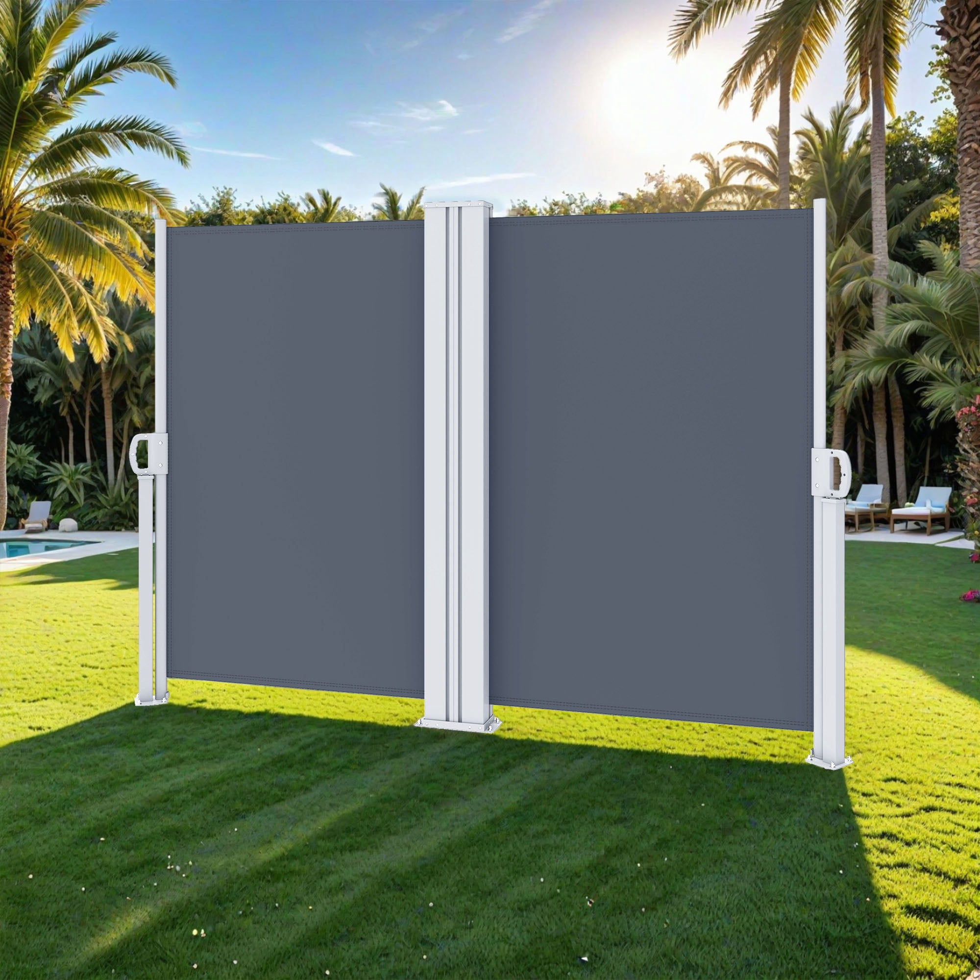 Uforir Double side retractable awning, waterproof and UV protection, for garden, pool, balcony, grey