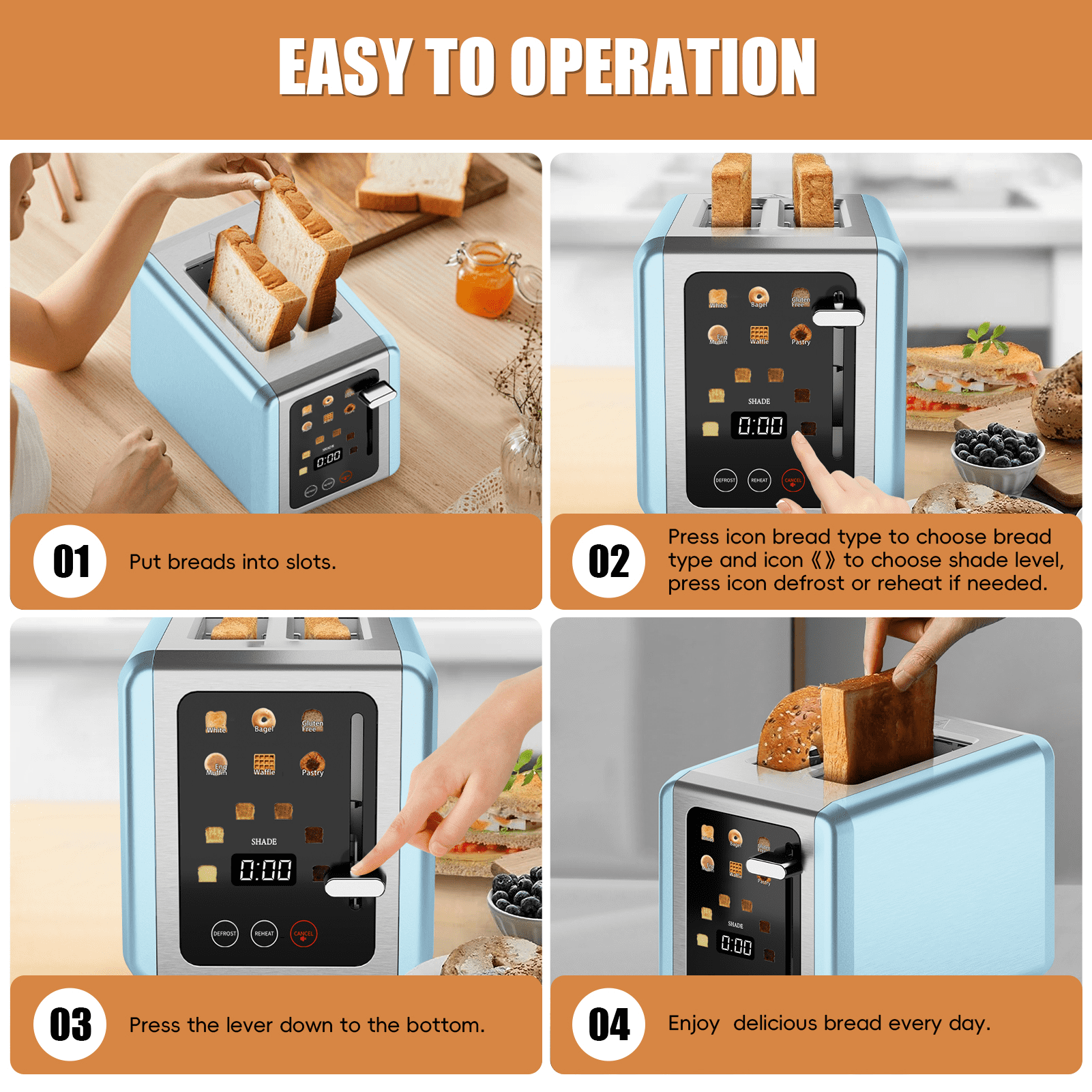 WHALLULTRA 2-Slice Touchscreen Toaster, Stainless Steel, 1.5" Wide Slots, Bagel/Defrost, 850W, Blue