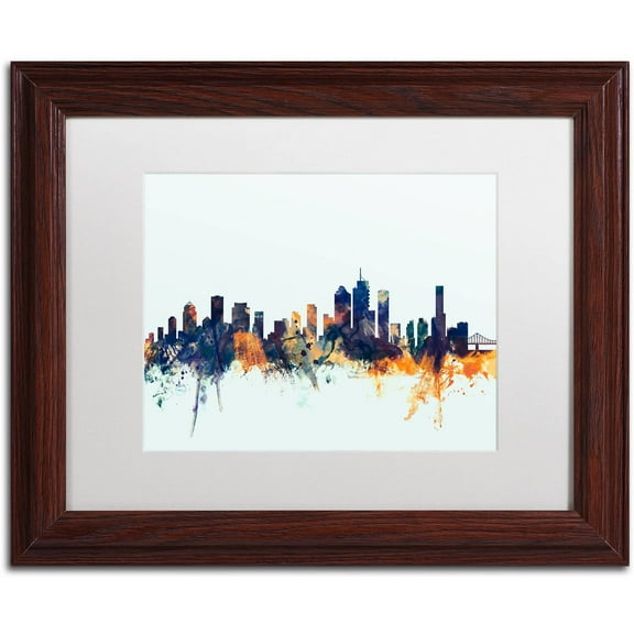 Trademark Fine Art "Brisbane Skyline Blue" Canvas Art by Michael Tompsett, White Matte, Wood Frame