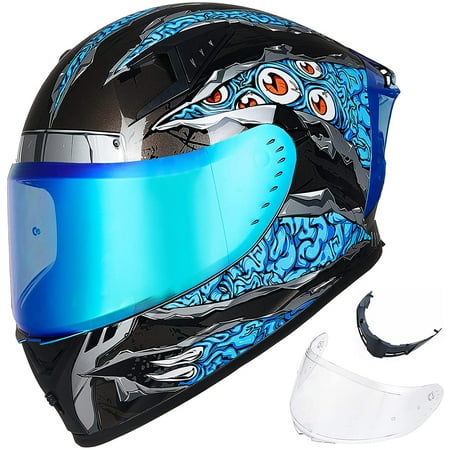 ILM Motorcycle Helmet Full Face with Pinlock Compatible Clear&Tinted Visors and Fins Street Bike Motocross Casco DOT(Manta Blue, X-Large)