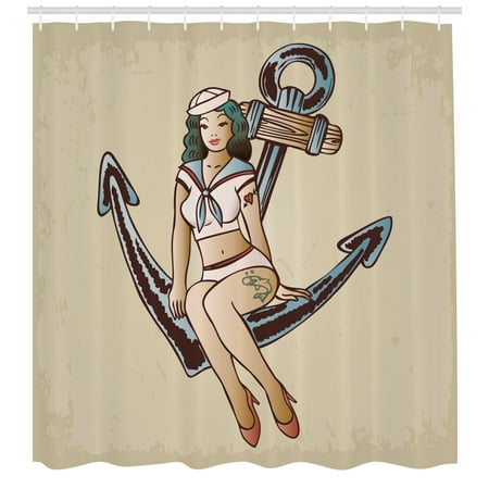 Anchor Shower Curtain Pinup Girl With Sailor Outfit Shark And Heart Anchor Shower Curtain Pinup Girl With Sailor Outfit Shark And Heart Tattoo Vintage Twenties Ilration