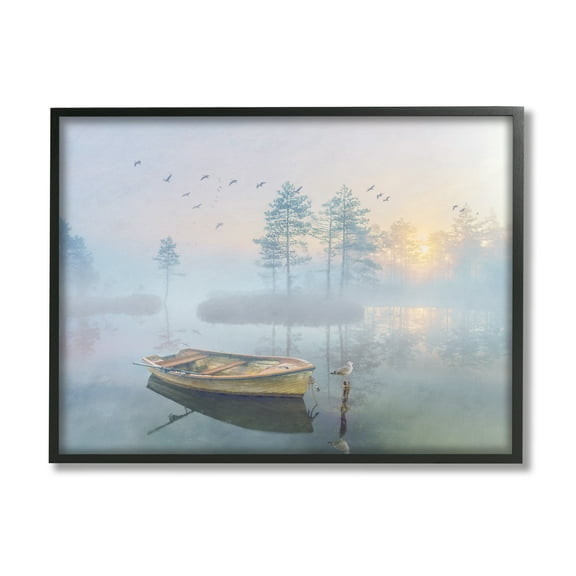 Stupell Dinghy Boat Foggy Pond Reflection Landscape Painting Black Framed Art Print Wall Art