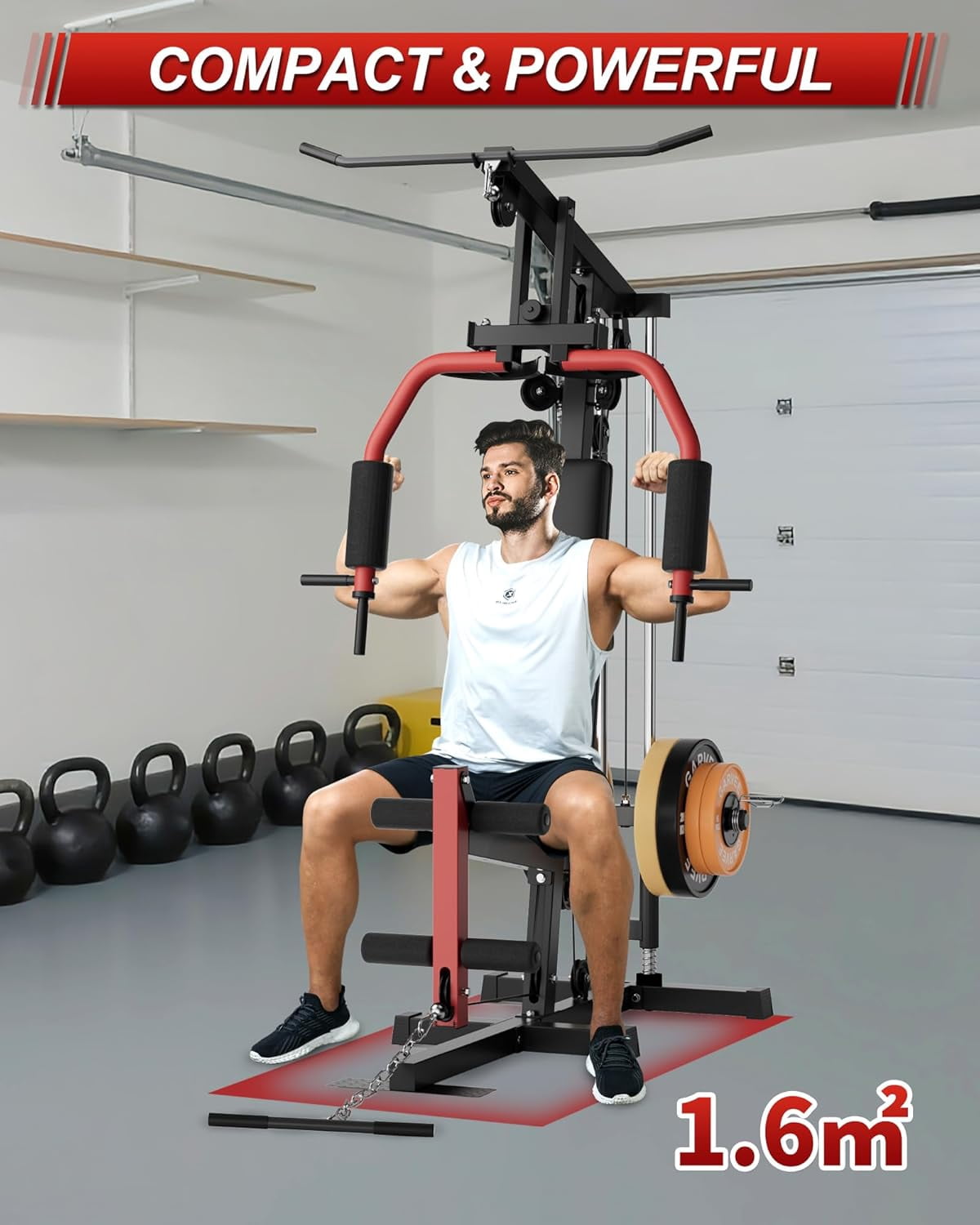 GARVEE Home Gym Station, Multifunctional Home Gym Equipment for All Body Training with Leg Press & Pulley System, Red