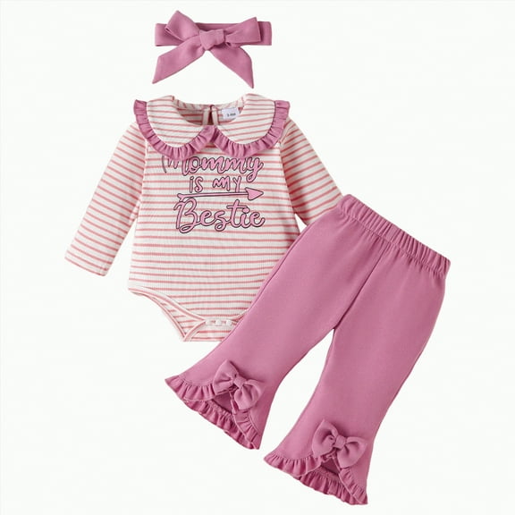 Gvdentm Newborn Baby Girl Clothes Infant Outfits Romper Floral Fall Outfit Bell Bottoms Pant Sets Headband Flowerpant(Pink,12-18 Months)