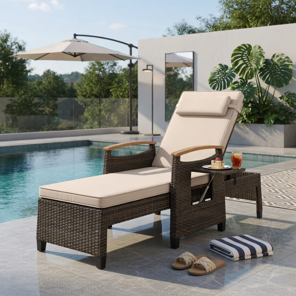 Hommoo Adjustable Wicker Recliner Chair with Footrest & Side Table, PE Rattan Outdoor Patio Lounge Chair, Brown