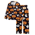thumbnail image 5 of FASHOFT Womens Halloween Pajamas Set Pumpkin Ghost Print Silk Satin Long Sleeve Button Down Shirts Matching Pants Set Cute Comfy Pjs Black L, 5 of 5