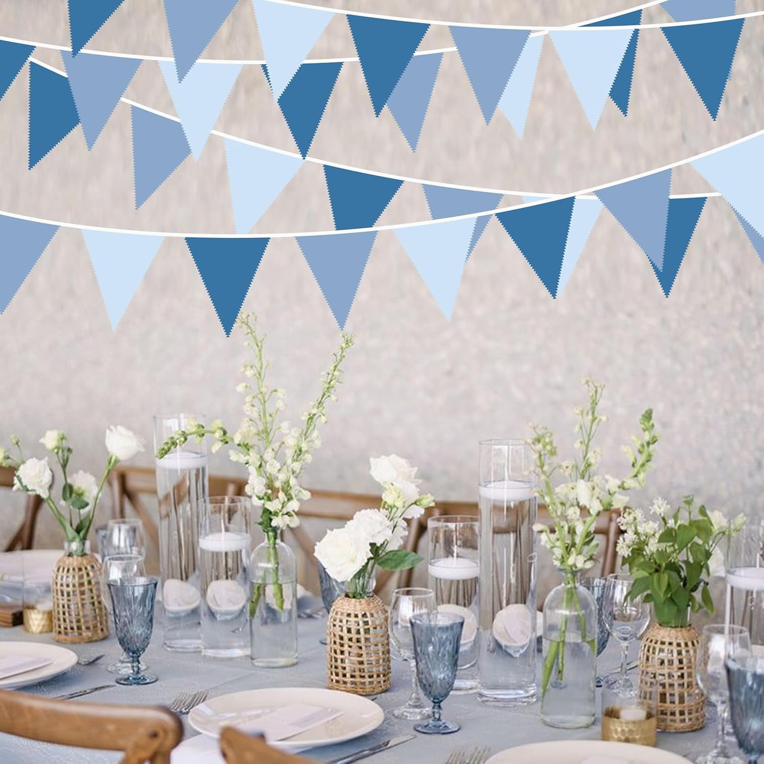 32Ft Retro Blue Party Decorations Dusty Blue Triangle Banner Flag Pennant Fabric Garland Streamers for Nautical Birthday Ahoy Achor Baby Shower Under The Sea Summer Graduation Nautical Party Decor