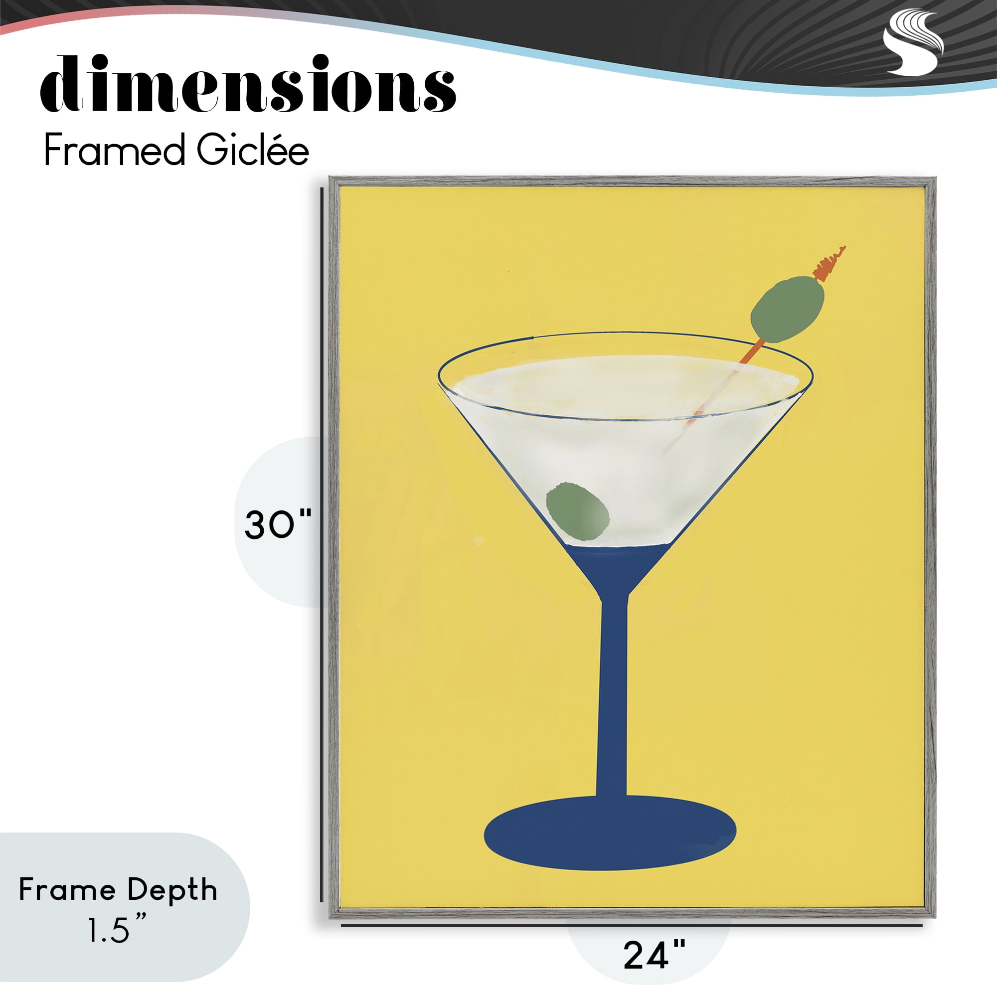 Stupell Industries Martini Glass over Yellow Gray Framed Giclee Art, design by Robin Maria