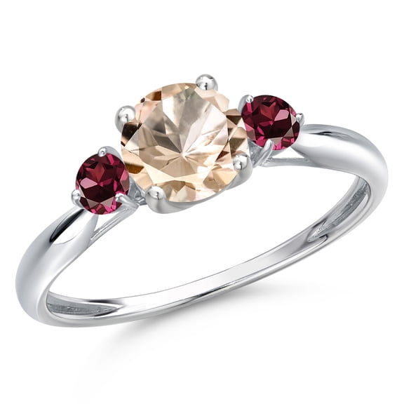 Gem Stone King 10K White Gold Peach Morganite and Red Rhodolite Garnet 3-Stone Ring for Women | 0.84 Cttw | Round 6MM | Gemstone October Birthstone | Size 9