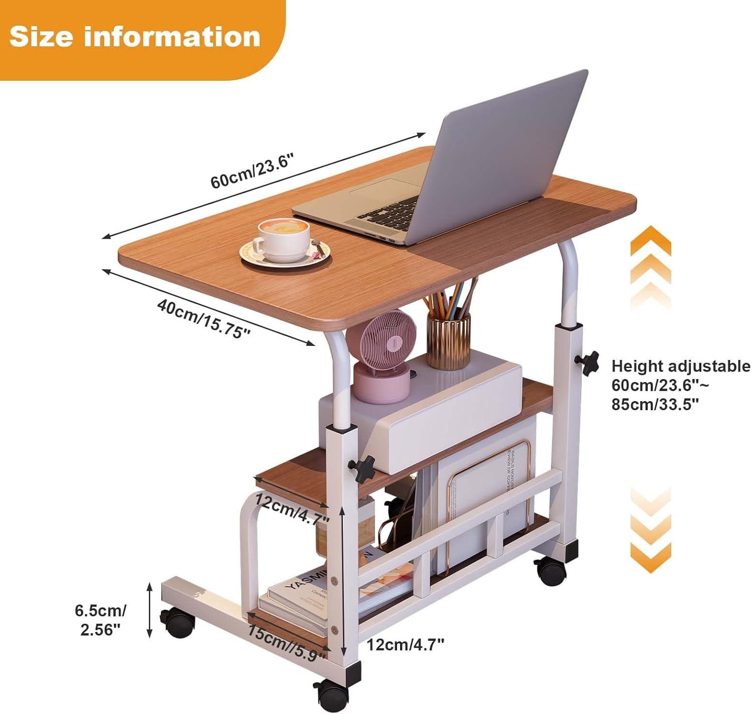 Adjustable Height Mobile Standing Desk – Portable Rolling Computer Table with Storage Shelves – Compact Laptop Desk for Home Office, Study, Small Spaces – with Wheels, Walnut Color 60 x 40CM