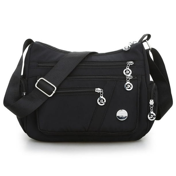 Bolso bandolera multibolsillos para mujer, de nailon impermeable, de un solo hombro, de viaje, color negro