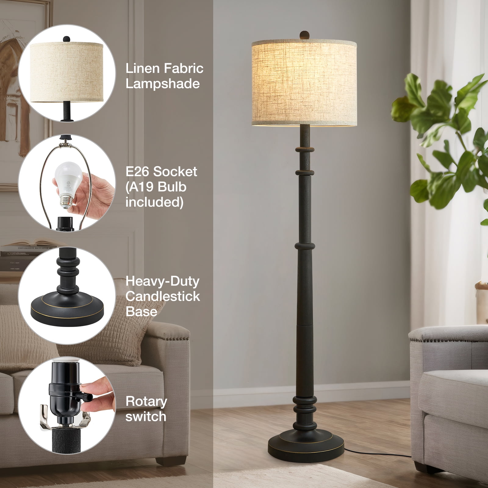 NATYSWAN Floor Lamps for Living Room,60" Vintage Farmhouse Floor Lamp 3-Color Temperature Standing Lamps with Linen Shade Rustic Retro Tall Light for Bedroom Office