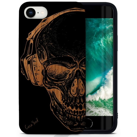 Case Yard Wooden Case for iPhone-SE Soft TPU Silicone cover Slim Fit Shockproof Wood Protective Phone Cover for Girls Boys Men and Women Supports Wireless Charging Headphone Skull Design