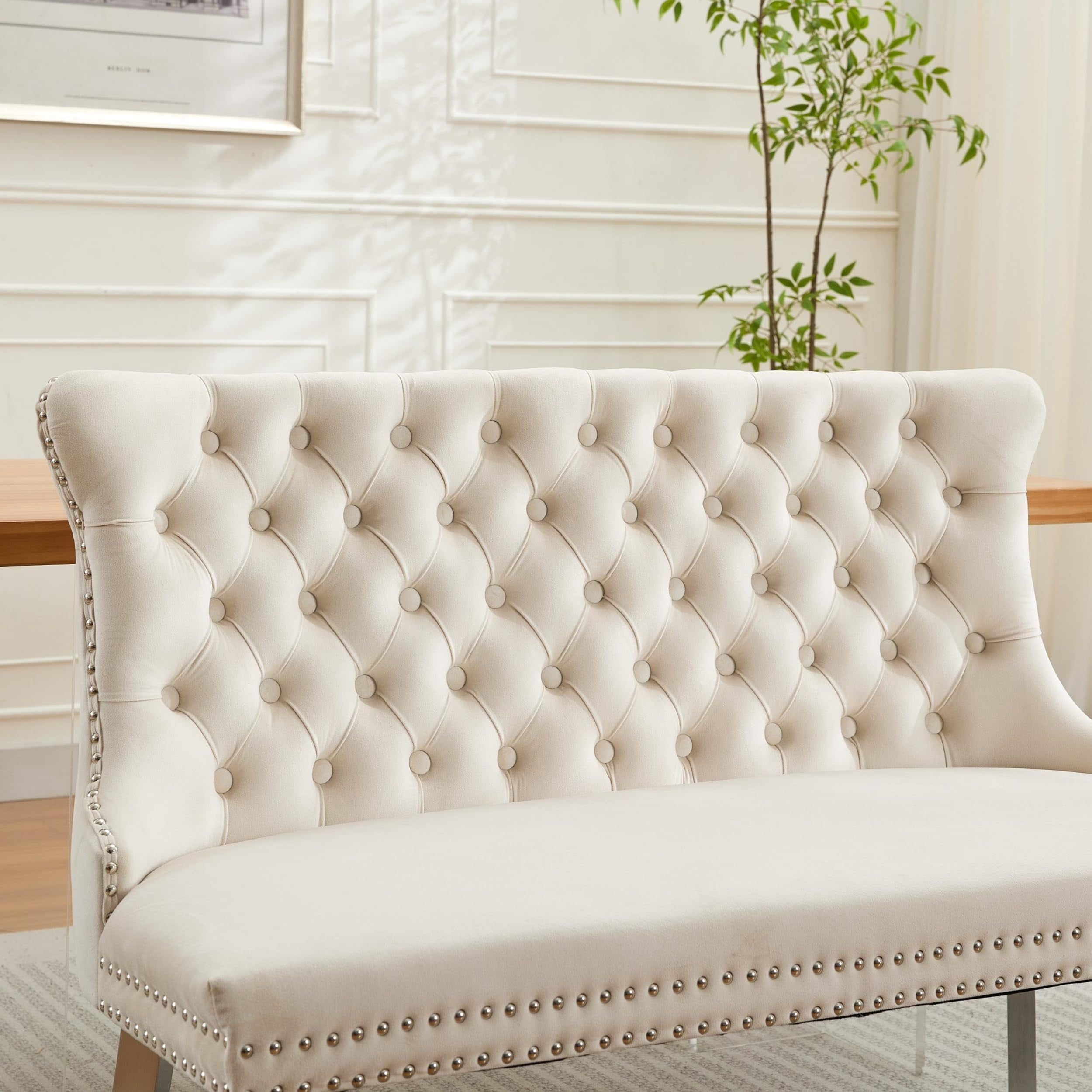 Beige Velvet Double Dining Loveseat Bench, 2-Seat Tufted Wingback with Gold-Plated Stainless Steel Legs, Mid Century Modern Kitchen & Dining Seating