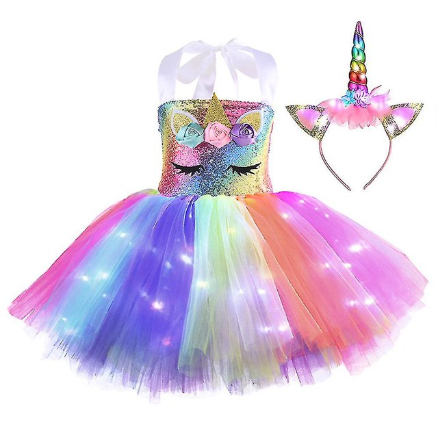 Conjunto de disfraz de unicornio para niñas de 2 a 10 años, vestido de princesa con luz LED + diadema, regalos