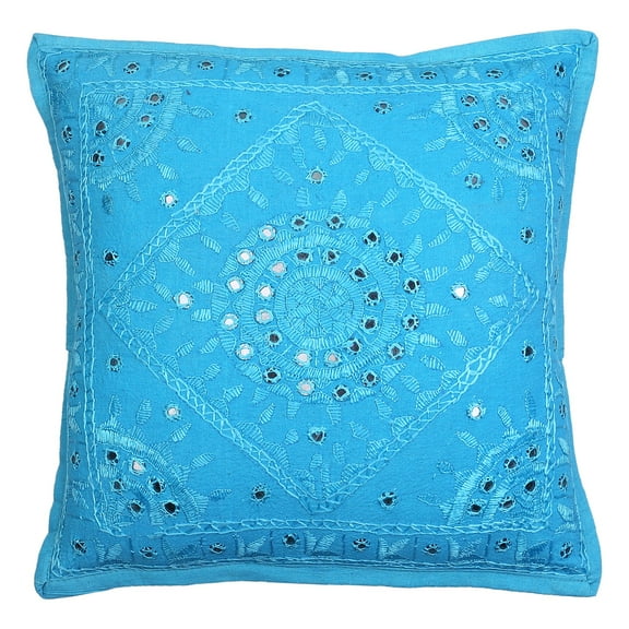 Stylo Culture Indian Sofa Throw Pillow Cover 16 x 16 Hand Embroidered Turquoise Bohemian 40x40 cm Home Decor Cotton Mirrored Square Cushion Cover | 1 Pc